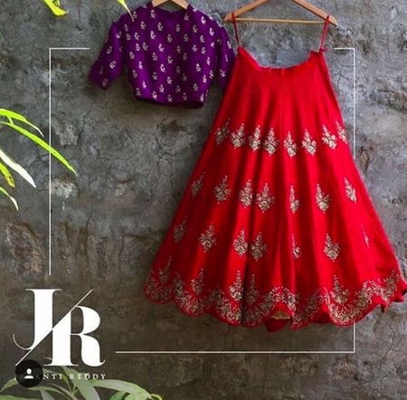 Scalloped edge lehenga in red with contrasting purple blouse