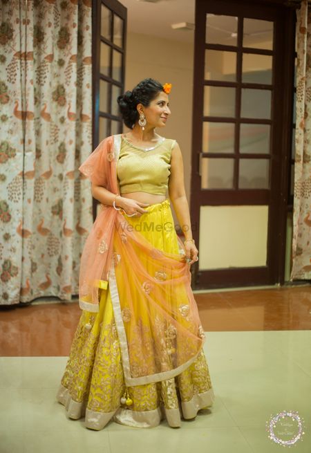 Photo of Light Green, Yellow and Peach Lehenga