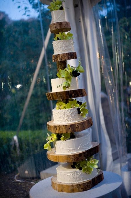 6 tier rustic wedding cake with wooden barks