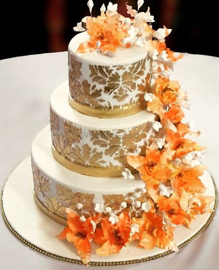 Photo of White and Gold Autumn Inspired 3 Tier Wedding Cake
