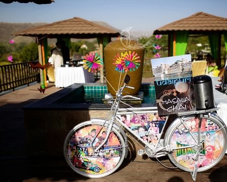 Udaipuri chai stall on decorated bicycle with pinwheels