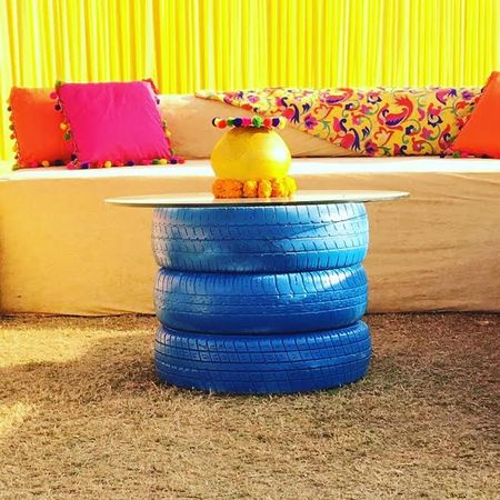 Blue painted tyres in decor