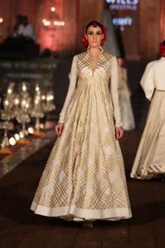 Photo of gold and white anarkali gown floor length with high neck and full sleeves