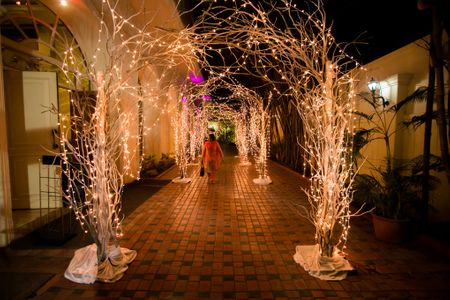 Entrance decor with fairy lights and twigs