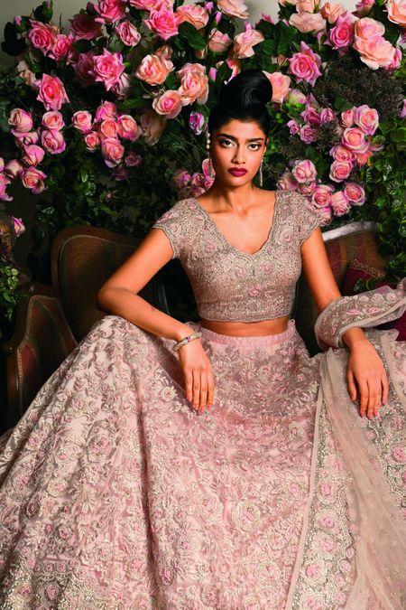 Photo of Dull Pink and Grey Lehenga with Thread and Stone Work