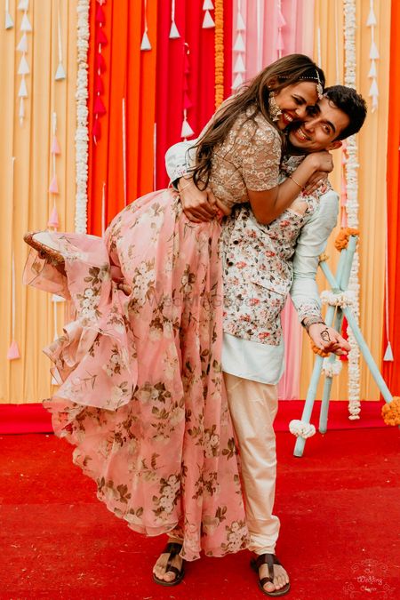 Photo of A cute shot of the couple at their pre- wedding function
