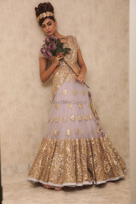 lavender and gold lehenga with soft pleated lavender net