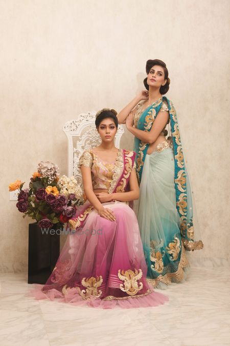 Photo of purple and aqua blue ombre saree with gold gota work