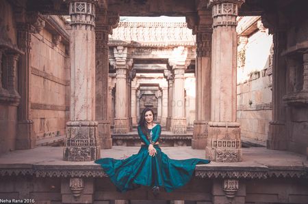 Teal full sleeved crop top and lehenga 