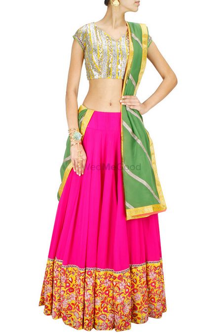 bright pink georgette cotton lehenga with big kashmiri work border and gota work blouse. olive green dupatta