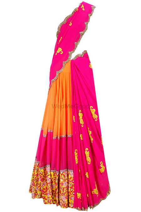 Bright pink and orange lehenga with yellow embroidery