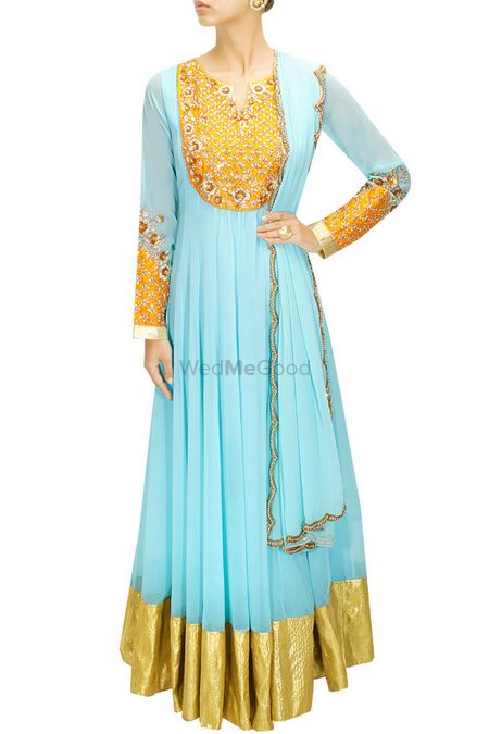 full sleeves anarkali with yellow yolk embroidery and cuffs