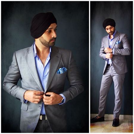 steel grey suits with pastel blue jacket