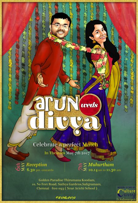 Caricature Bollywood theme wedding card