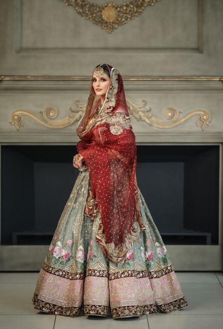 Photo of Beautiful Sikh bridal lehenga with heavy red dupatta.