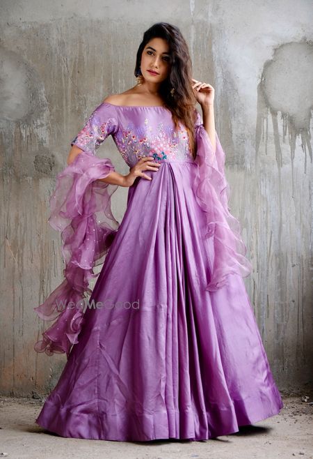 Pretty purple anarkali suit with ruffled dupatta