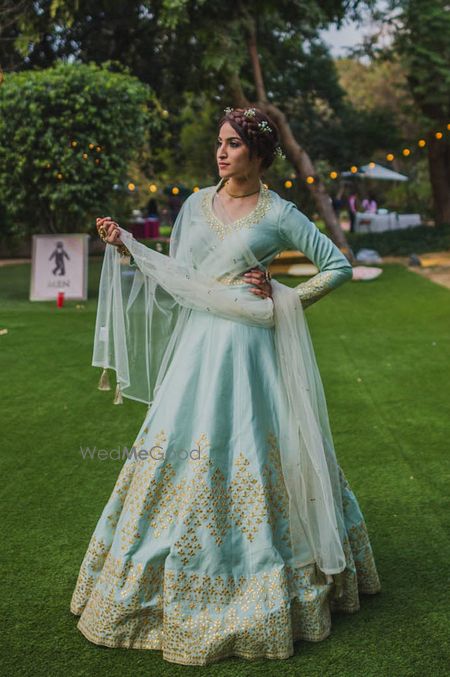 Pastel mint blue and gold lehenga