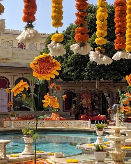 Colourful mehendi decor with marigold flowers