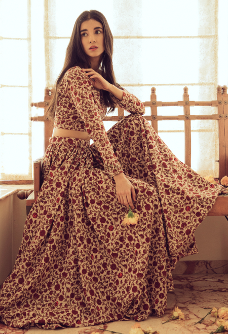 cotton printed lehenga with roses on it