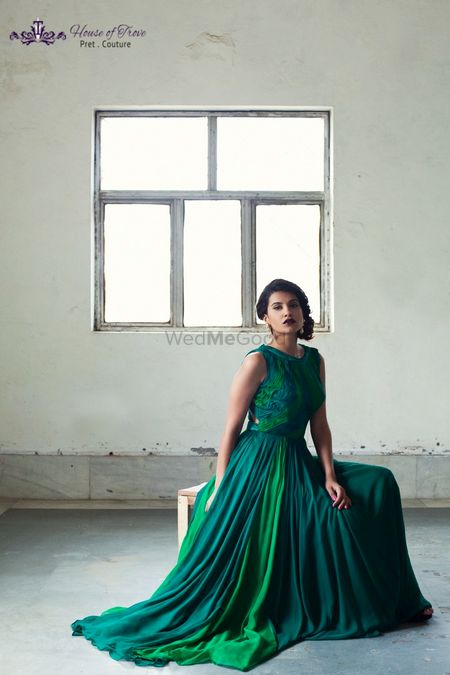 deep emerald green floor length chiffon gown