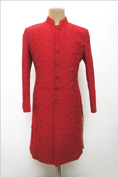 Photo of red self embroidered sherwani full sleeves