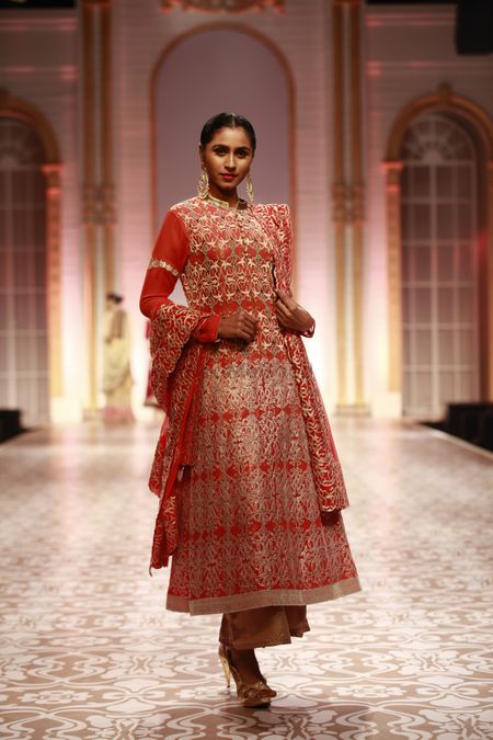 Photo of coral pink gota patti work anarkali jacket for mother of the bride outfits