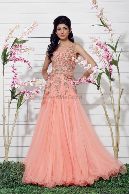 Net Embroidered Peach Gown