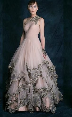ruffled gown in soft blush pink