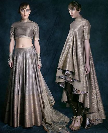 crop top metallic lehenga with metallic ombre skirt in grey and bronze