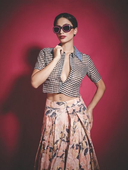 Photo of floral print lehenga skirt with v neck three quarter sleeve blouse