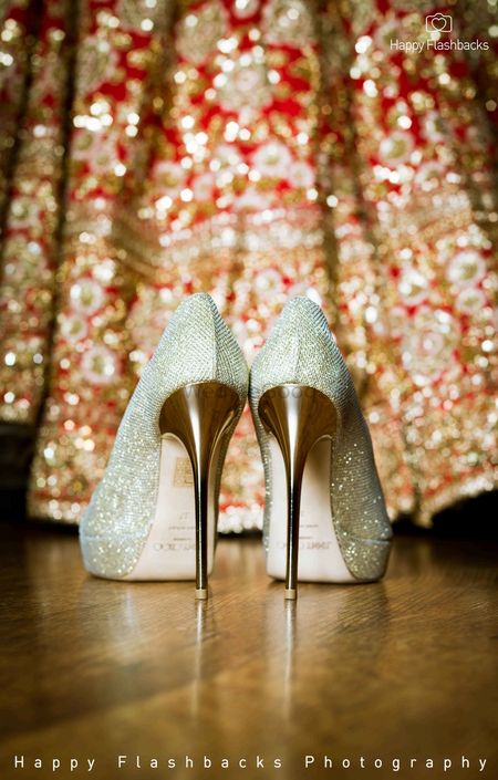 Sparkly heels against bridal lehenga