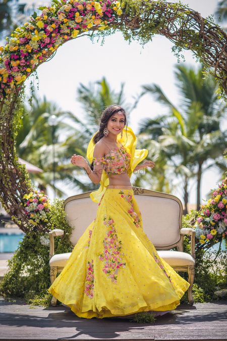 Floral Prints | Yellow Bridal Lehenga | Lehenga, Yellow floral dress,  Lehenga crop top