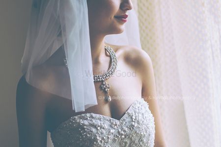 Diamond necklace with sweetheart neckline gown 