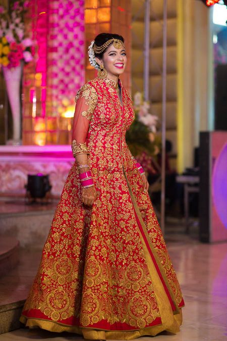 Red and gold floor length Anarkali gown