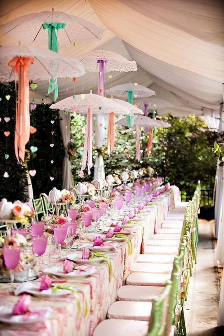 Table Setting with Suspended Lace Umbrellas