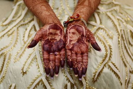 Mehendi with realistic bride and groom portraits 