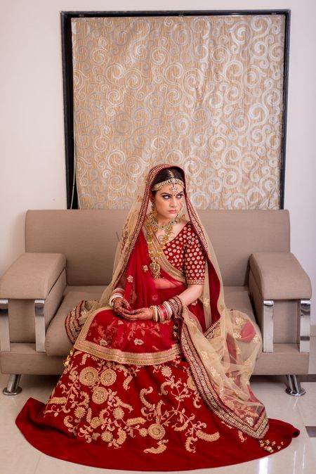 Crimson Bridal Lehenga with Gold Embroidery and Dupatta