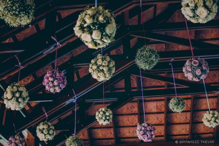 Hanging colorful floral balls in decor