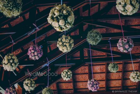 Hanging colorful floral balls in decor