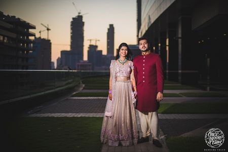 Mismatched bride and groom in contrasting outfits
