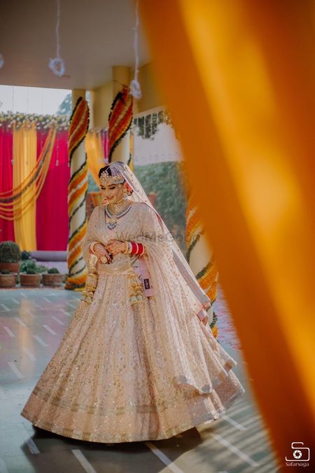 Pastel bridal lehenga for Sikh bride 