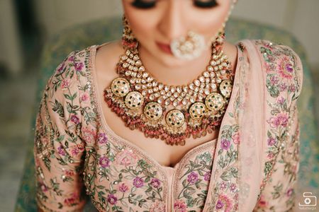 pastel and gold bridal necklace with light pink beads 