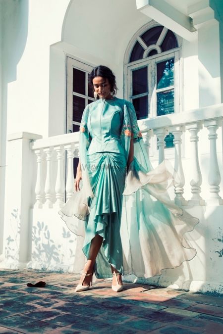 Light blue outfit with cape for mehendi or brunch 