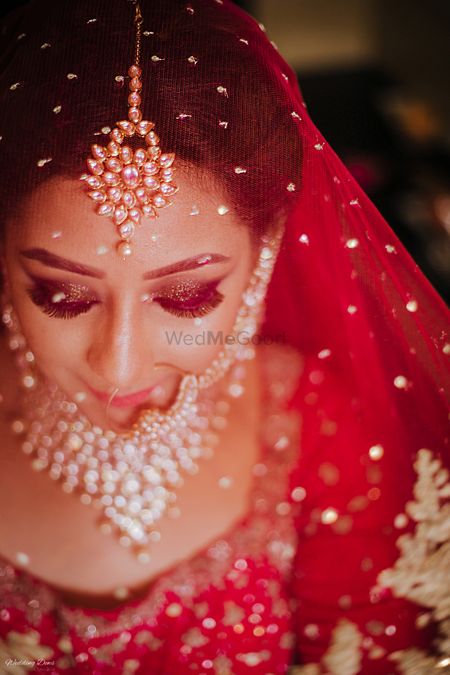 bridal veil shot with shimmery eye makeup