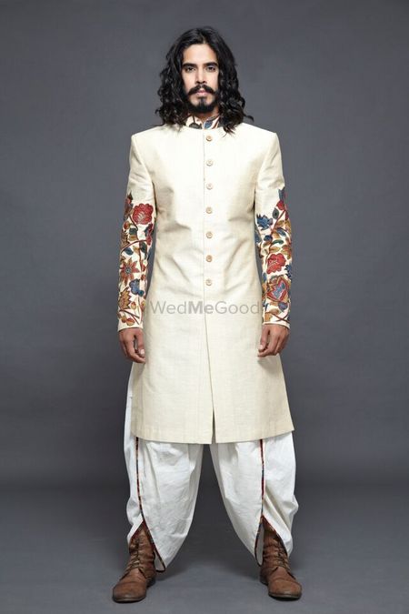 Off White Sherwani with Embroidered Sleeves and Dhoti