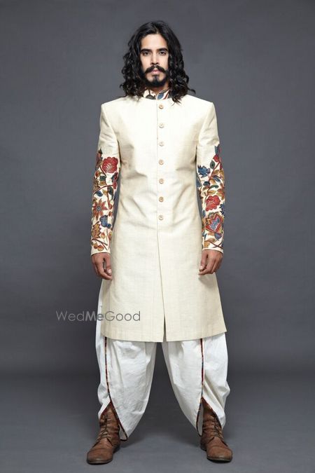 Off White Sherwani with Embroidered Sleeves and Dhoti