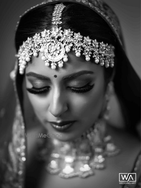 Bold bridal mathapatti black and white portrait 