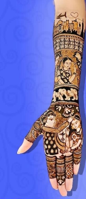 A traditional mehndi design depicting the bride and groom's love story and journey. 