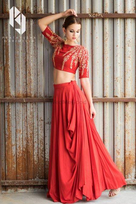 Simple red and gold lehenga for sister 