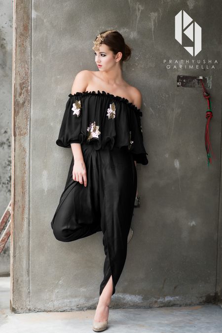 Black off shoulder blouse with dhoti